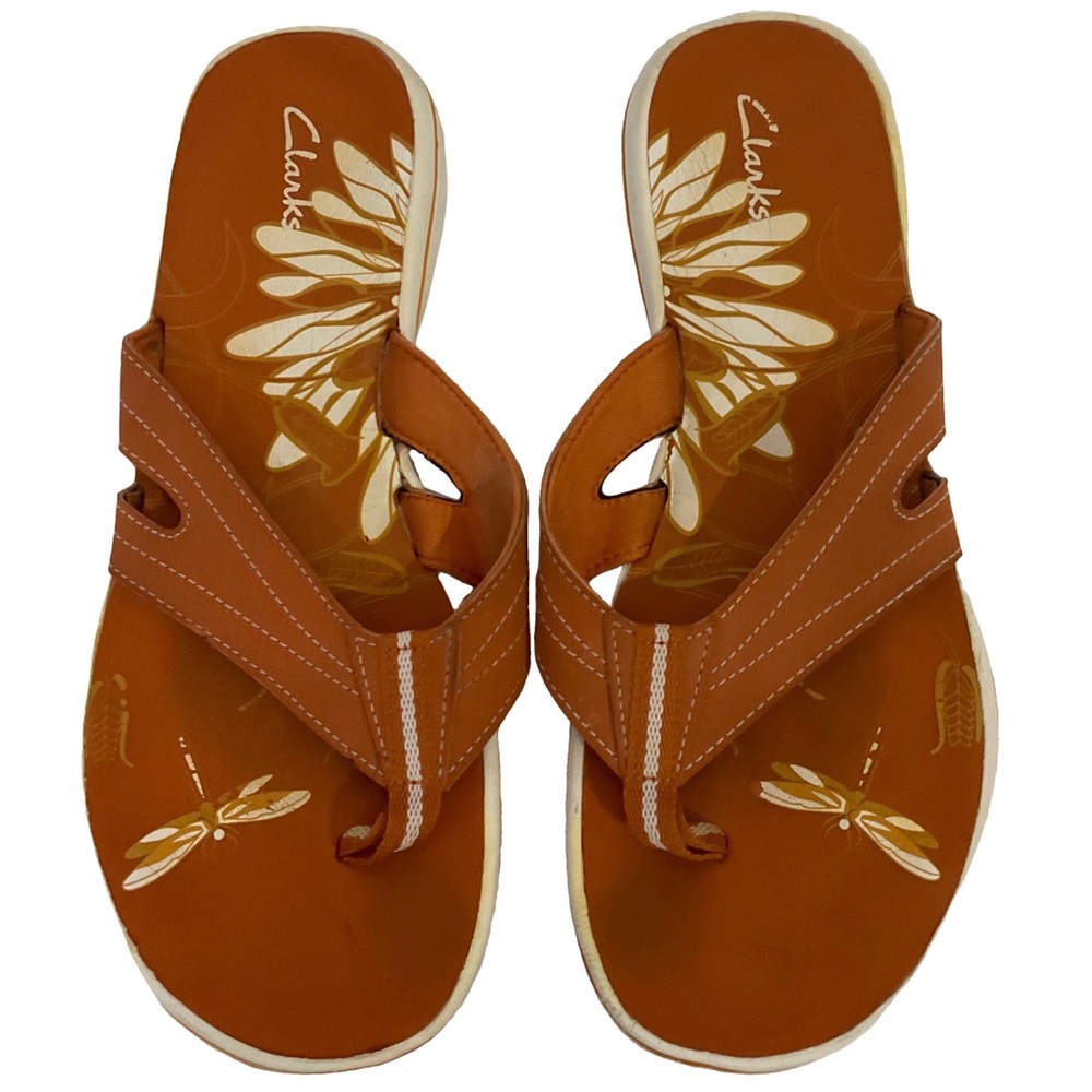 Clarks Orange White Flip Flop Barbie Flowers Dragonfly Pool Sandals Size 9